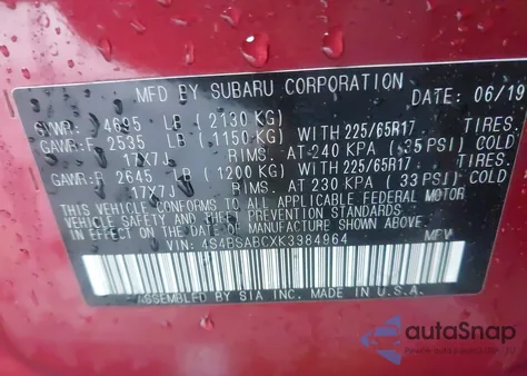 2019 Subaru Outback 2.5I из США, поврежденный, VIN 4S4BSABCXK3384964